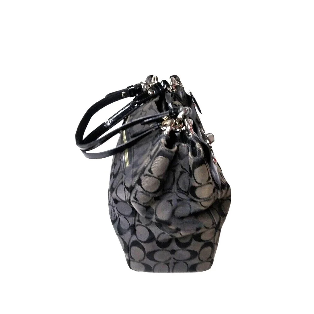 COACH F16580 Black Logo Canvas & Leather Handbag Python Embossed Accent